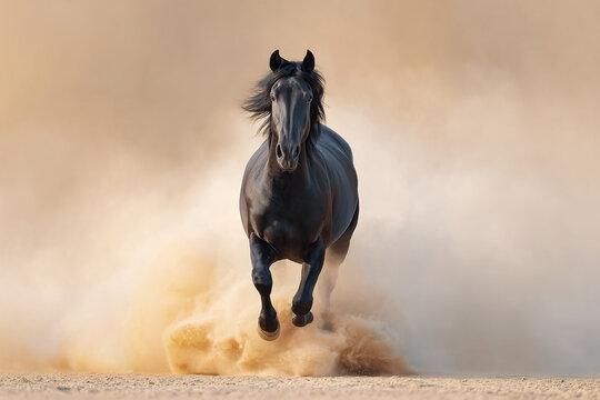 A majestic black horse galloping forward, kicking up a cloud of sand