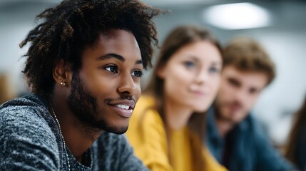 Diverse young students attentively engaged in a collaborative classroom discussion showcasing a moment of active learning and academic focus
