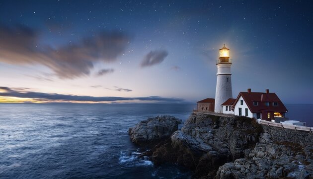 a serene lighthouse guiding ships at night - Powered by Adobe