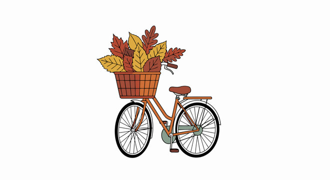 Decorative bicycle with a basket filled with colorful autumn leaves, symbolizing seasonal change and outdoor leisure, ideal for fall-themed marketing campaigns, eco-friendly transportation