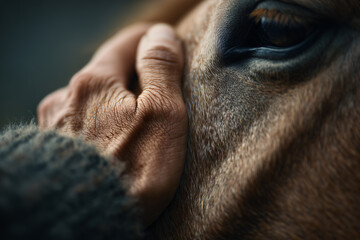 Naklejka premium Close-up shot of a person's hand caressing a horse's face, evoking a sense of tenderness and connection