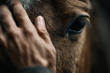 Gentle touch on a horse's face, creating a bond of companionship. The horse appears to be calm and content