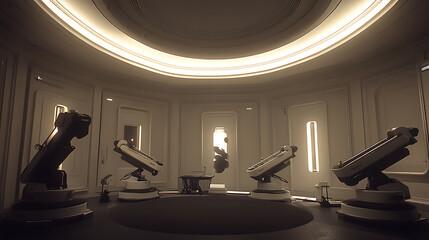 Futuristic Control Room with Robotic Arms and Circular Layout