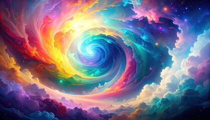 Psychedelic spiral swirling through colorful clouds, radiant light at center