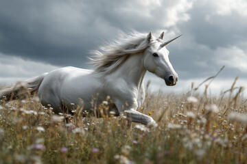 Obraz premium A majestic unicorn gallops across a field of wildflowers under a dramatic sky. It is a symbol of purity and grace. The sky shows a looming storm