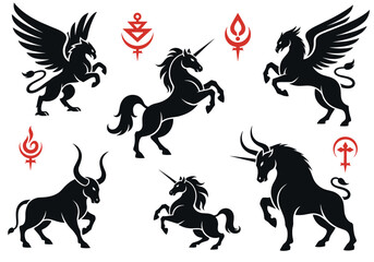 Mythical creatures set featuring griffins unicorns and bulls with mystical symbols
