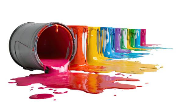 Paint spills in vibrant colors from a can