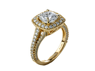 Macro Closeup of Cushion Cut Diamond Ring in Yellow Gold with Intricate Pave Setting isolated on a transparent background