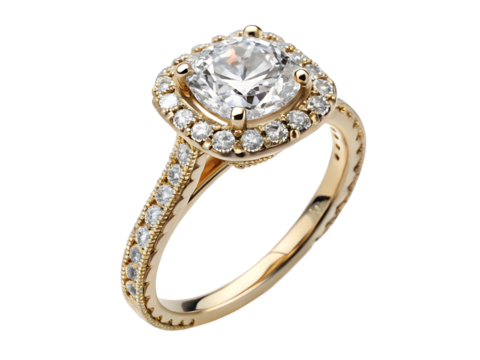 Macro Shot of a Cushion Cut Diamond Ring with Intricate Pave Setting in Yellow Gold isolated on a transparent background