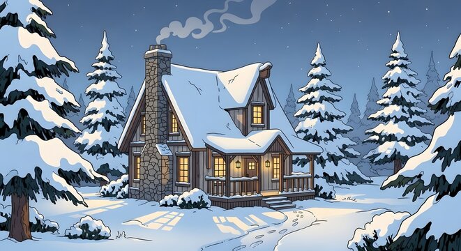 Digital illustration of a snow-covered stone cottage emitting smoke, set within a tranquil winter forest, rendered in a muted blue palette with a storybook style.