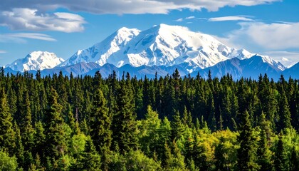 Majestic snow-capped mountain range rises above a dense evergreen forest, a breathtaking vista of nature's beauty.