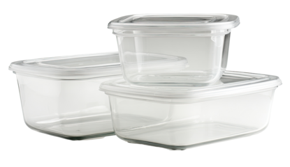 Three clear, rectangular food storage containers, stacked, with matching lids