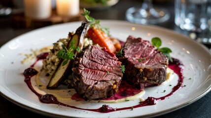 Grilled venison loin medallions sliced and plated with berry sauce, roasted vegetables and grain risotto on white porcelain plate in elegant restaurant setting