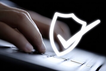 Hands typing on a laptop keyboard with a glowing shield and checkmark overlay