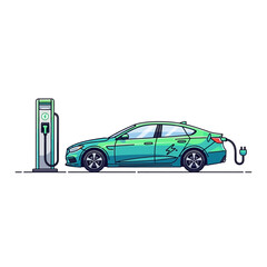 A green electric car is refueling its battery at a charging station, depicted in a modern cartoon illustration style.