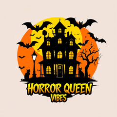 Spooky haunted house with full moon and bats Halloween artwork t-shirt design perfect for horror fans, gothic fashion, and creepy night lovers