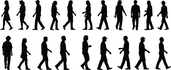 Walking Silhouette Set of Diverse People in Side Profile Motion for Crowd, Urban, Lifestyle, and Human Movement Vector Design