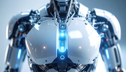 Close Up of a White and Blue Glowing Robot Torso