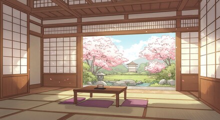 Obraz premium Japanese interior with cherry blossom view