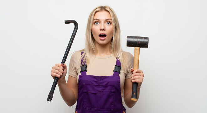A surprised woman in purple overalls holds a crowbar and a hammer, looking directly at the viewer.