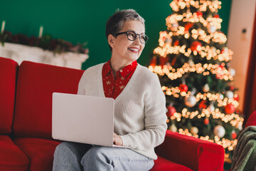 Elderly woman using a laptop with a smile on her face in her festive Christmas themed cozy home...
