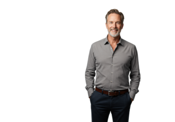 A mature caucasian man in smart casual attire, standing confidently with a warm, inviting smile on a seamless transparent studio background. Experienced leadership and trustworthiness concept
