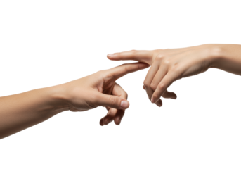 Clean, gender-neutral hand with natural skin tones, bare, fingers subtly curled, index finger extended over an invisible touchpoint, on a transparent studio background, concept of digital interaction