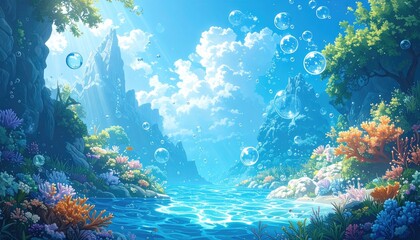 Lush underwater canyon, vibrant coral reefs, sunlit mountains.  Bubbles drift in azure water.  Tranquil, fantastical landscape
