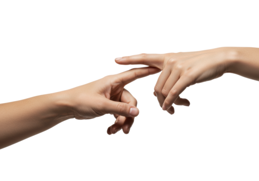 Clean, gender-neutral hand with natural skin tones, bare, fingers subtly curled, index finger extended over an invisible touchpoint, on a transparent studio background, concept of digital interaction - Powered by Adobe