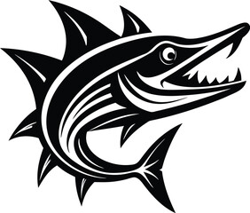 Fototapeta premium Vector art of a dynamic black and white illustration of a barracuda fish with sharp teeth and spiky fins, depicted in a stylized, aggressive manner, isolated on a