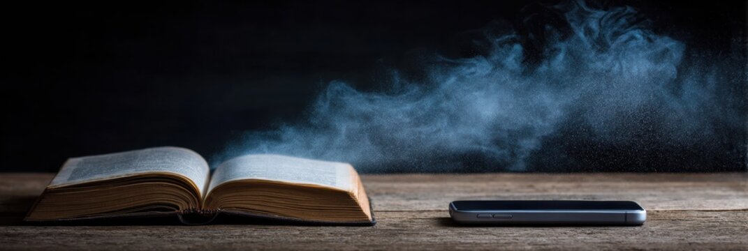 Open book with fluttering pages sits on a wooden surface alongside a smartphone, with ethereal mist rising in a dimly lit space.