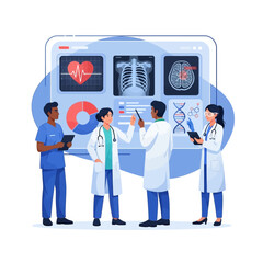 A diverse team of doctors and scientists collaborating and analyzing patient data on a large digital interface with medical scans and charts.