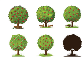 Apple tree vector set with red apples, hand-drawn apple tree illustrations, perfect for orchard, garden, farm, nature, and autumn-themed designs