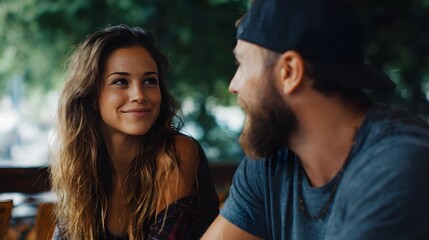 A young woman and man engage in a friendly smiling conversation outdoors sharing a relaxed moment in soft daylight
