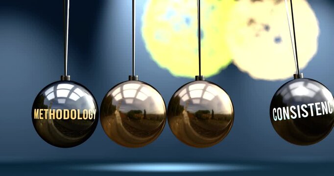 Methodology leads to consistency. Cause and effect relation between methodology and consistency. A Newton cradle metaphor in which methodology gives power to set consistency in motion. Can be looped. 