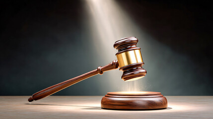 A wooden gavel is on a wooden base. The gavel is illuminated by a light source, creating a dramatic effect. Concept of authority and importance, as the gavel is often associated with the legal system