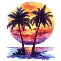 Tropical Sunset, watercolor illustration vector, isolated on a white background.