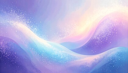 A tranquil landscape, painted with soft, pastel hues of purple, pink, and blue, showcases gently undulating forms, dotted with sparkling, ethereal particles, evoking a dreamlike atmosphere.