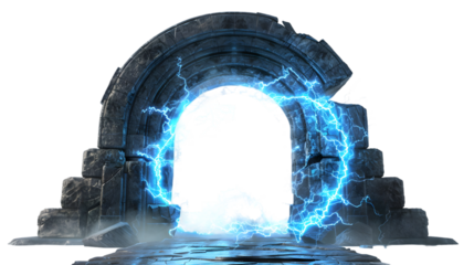 Mysterious ancient stone archway with glowing blue portal