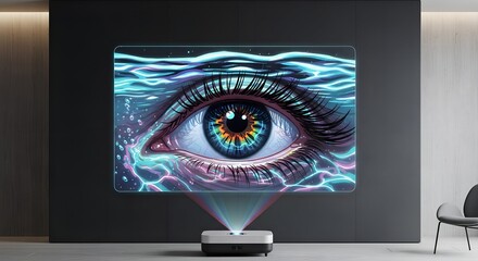 Vibrant AI eye projection in a sleek, minimalist modern room