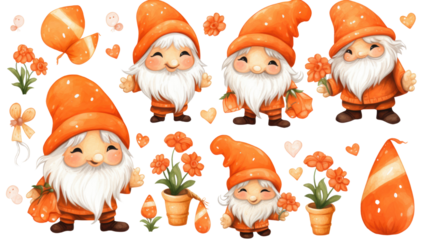 Cute orange gnomes holding flowers with hearts and plants isolated on white background
