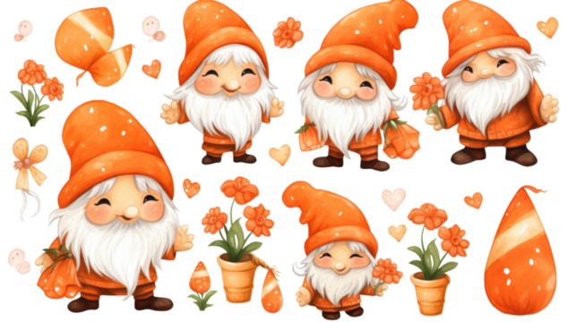 Cute orange gnomes holding flowers with hearts and plants isolated on white background