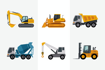 Construction vehicles vector illustrations, heavy machinery excavator bulldozer dump truck forklift crane cement mixer graphics, industrial equipment design, engineering industry set