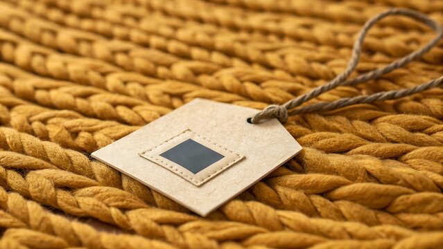 a cozy knitted fabric with a square tag attached by string