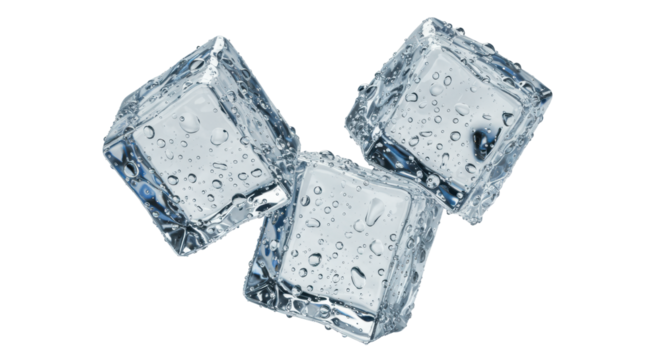 Three distinct, irregular, clear, translucent ice cubes with glistening water droplets, weightlessly suspended on a transparent backdrop, concept of strategic solutions