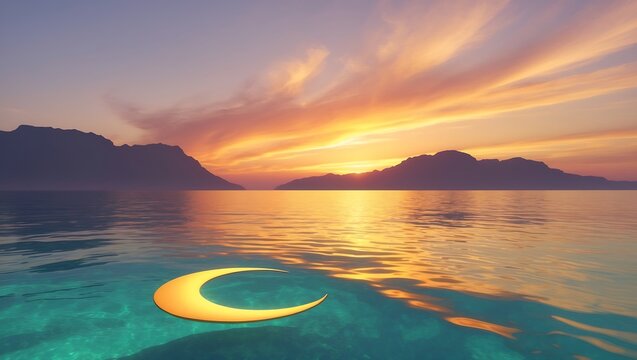 Serene crescent moon reflecting on calm ocean water during a vibrant sunset sky over mountains