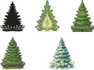 Evergreen tree clipart bundle – whimsical pine and fir illustrations with flowers, cartoon faces, and silhouette forest tree art