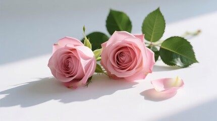 Fototapeta premium Two delicate, pale pink roses, petals softly curved, rest on a light background. Shadows gently fall