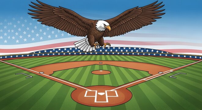Illustrated bald eagle soars over a baseball field outlined in brown with bases, in front of a waving American flag with a patriotic, bold color scheme. - Powered by Adobe