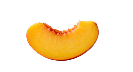 Vibrant yellow-orange peach slice with clean bite mark, juicy texture, subtle reddish hues on skin, isolated on transparent minimalist surface, Concept of natural health and simple pleasure